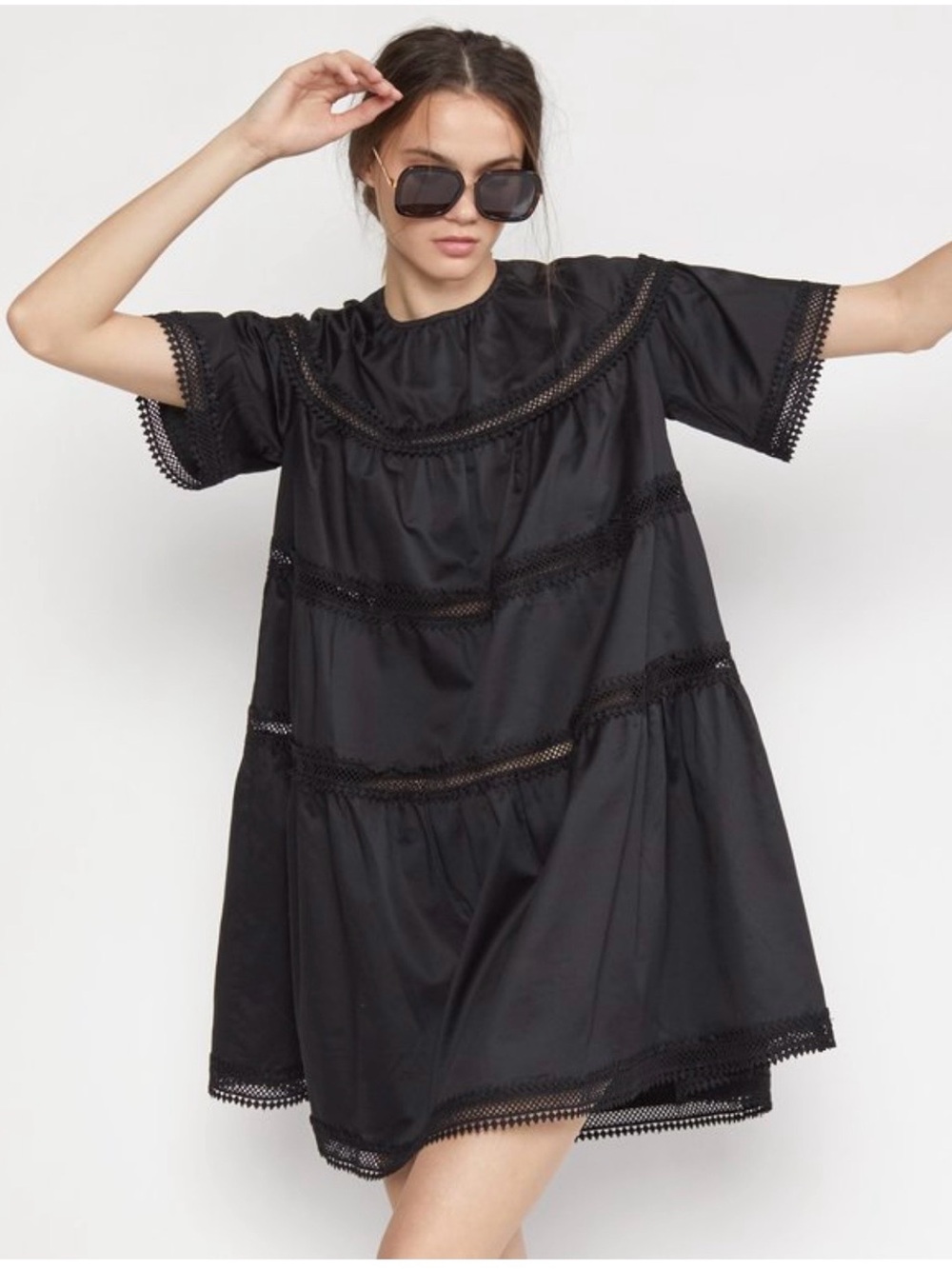 Cinthia rowley pidtcard dress Black Crochet-Trim Tiered Babydoll Mini Dress